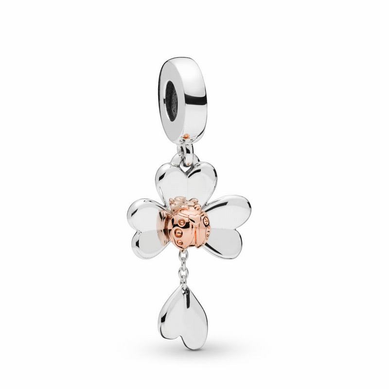 Pandora Clover & Ladybird Dangle Charm Ireland - Pandora Rose/Sterling Silver - 519386IEX